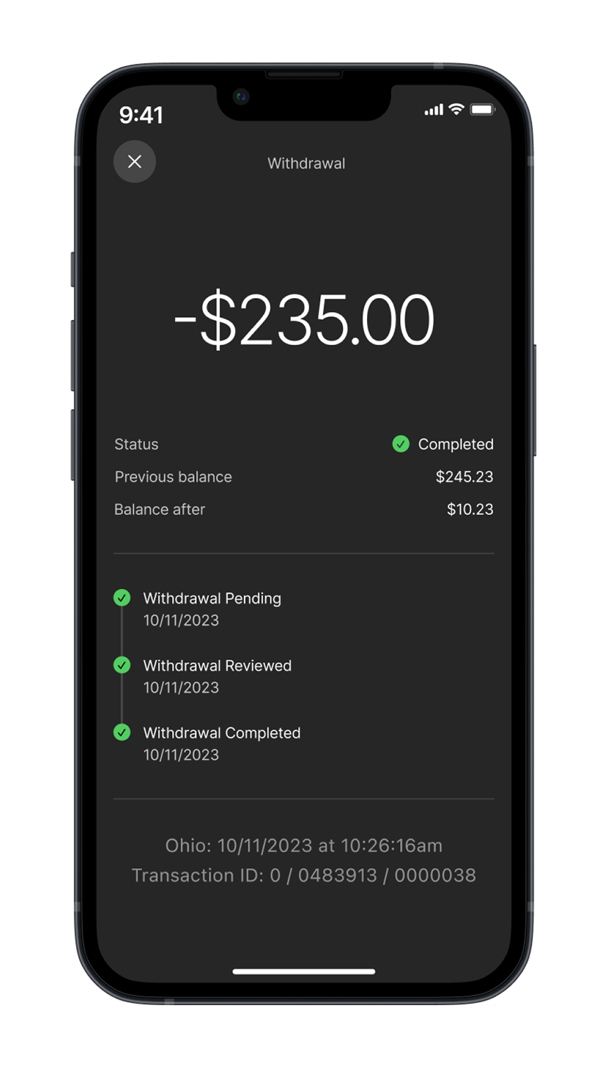 Withdrawal tracker - showing withdrawal steps and status